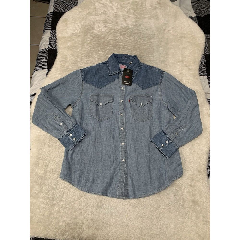 Levi's Women's Oversized Western Blue Cotton Denim Reverse Shirt Pearl Snap XS - Picture 1 of 8